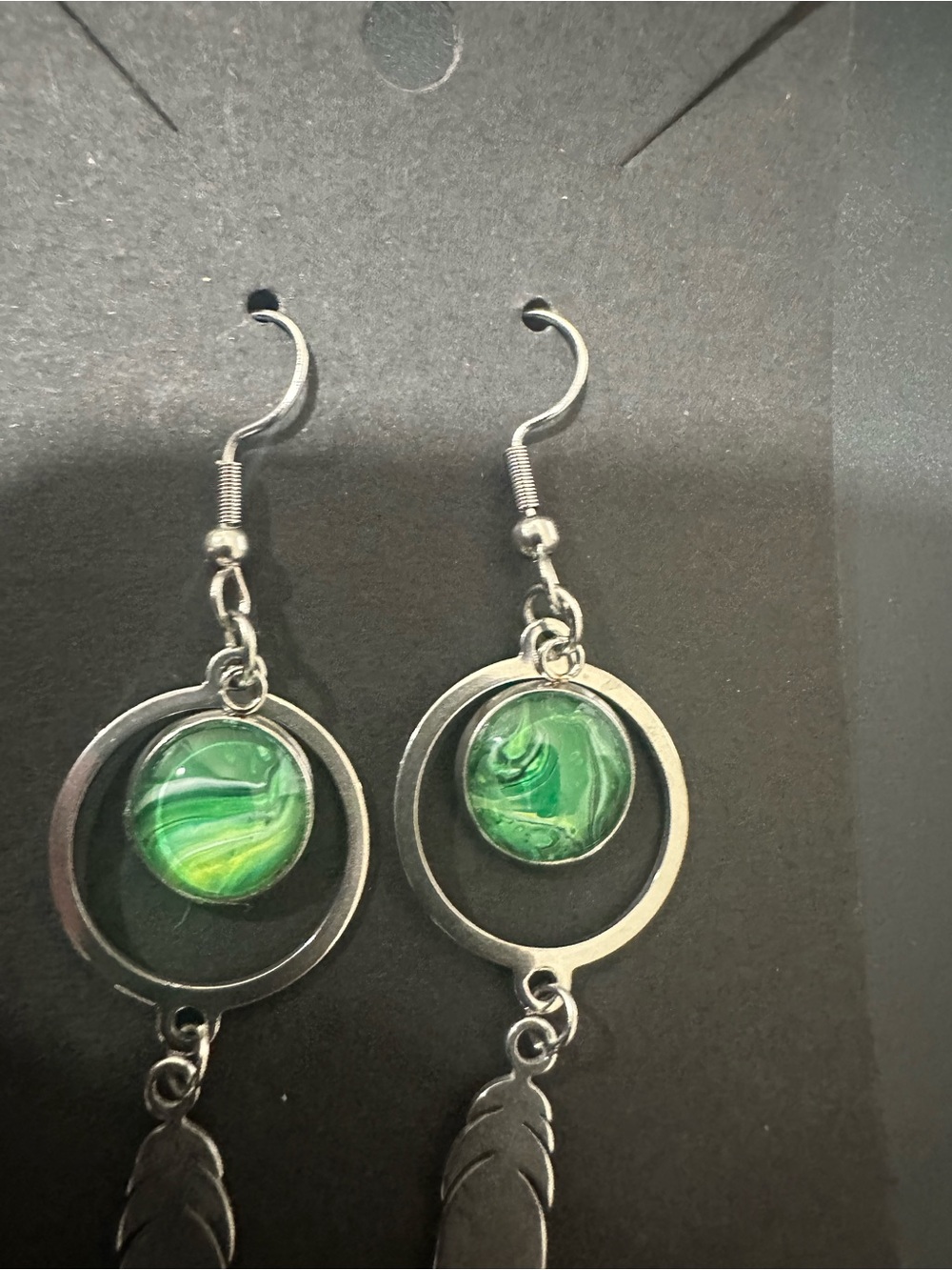 Silver-Tone Green Swirl Drop Earrings with Feather Charm - Women Jewelry